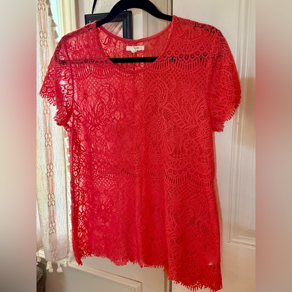 GORGEOUS coral lace blouse! Maurice’s size large, form fitting!